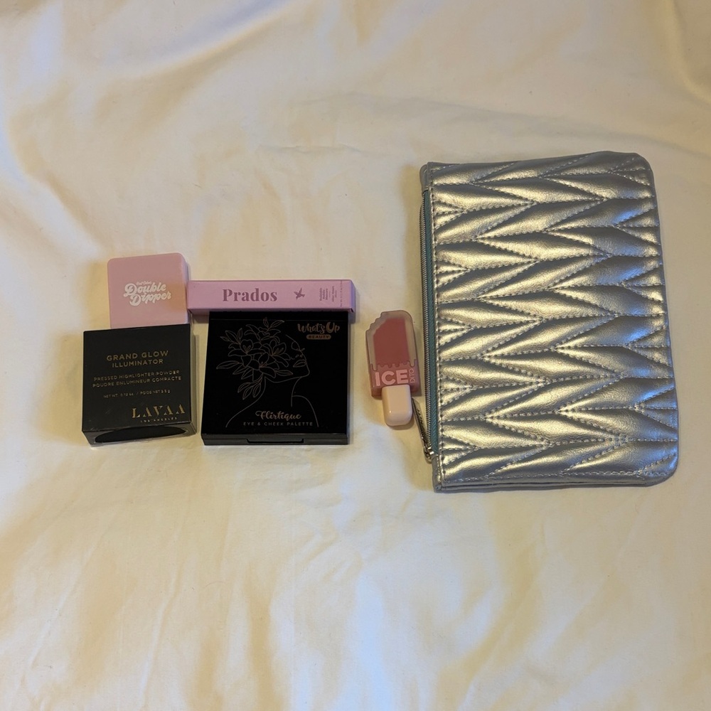 Silver Quilted Cosmetic Pouch with Pink Makeup Accents